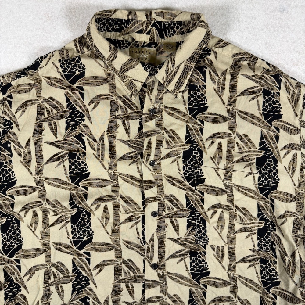 Natural Issue Mens XXL Bamboo Leaf‎ Print Rayon Short Sleeve Button Up Shirt Tan